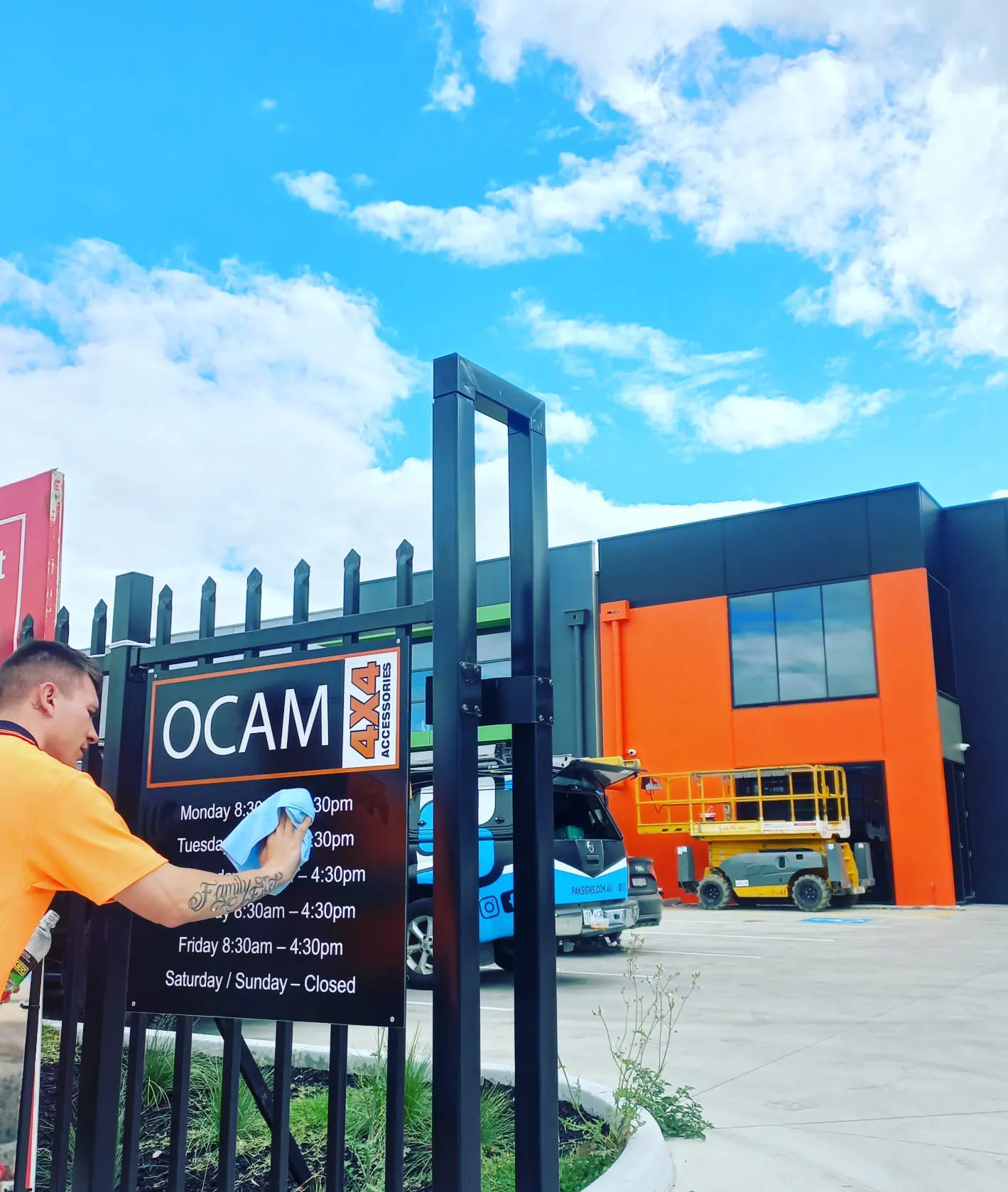 team cleaning sign